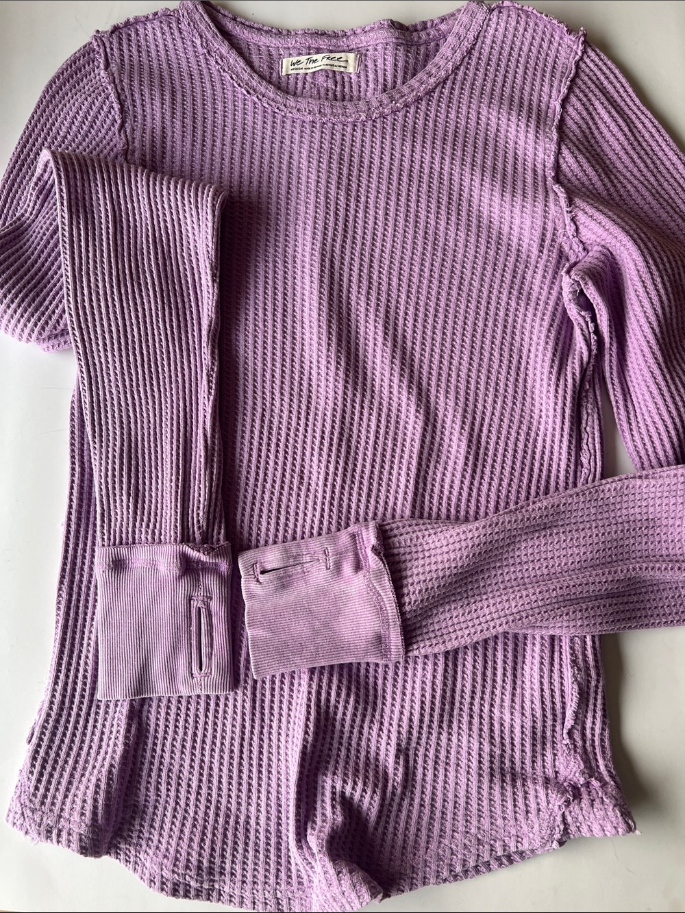 We the Free Lilac Waffle-Knit Crew Long Sleeve Top